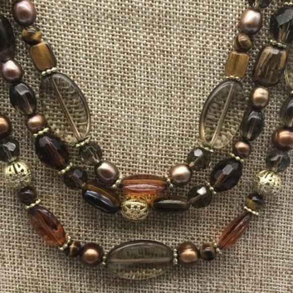 Brown Beaded Multi Strand Necklace 19" - Picture 5 of 10